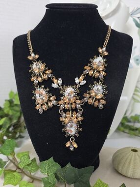 Vintage Style Bronze Bib Necklace | Amber & Smoke Crystal Statement